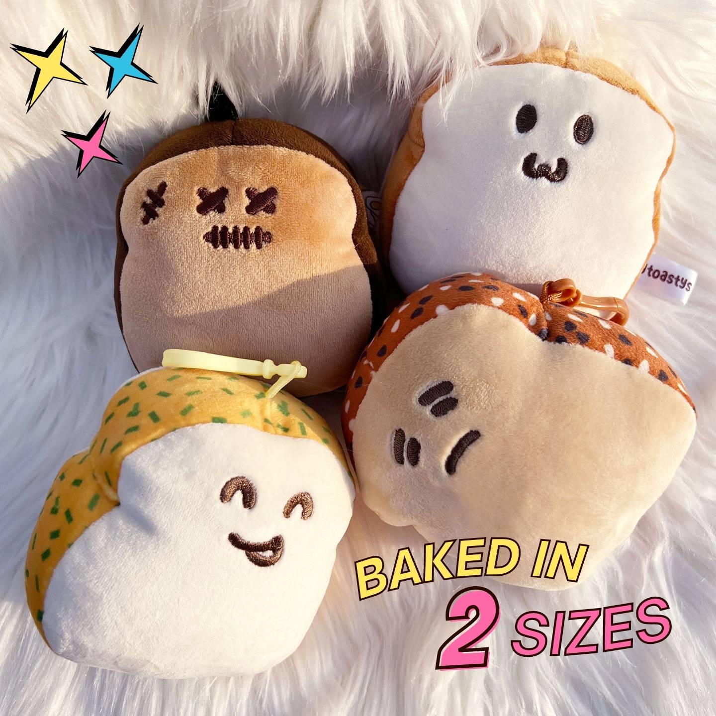 Group Photo of Toasty Plush Clips with text Baked in 2 Sizes